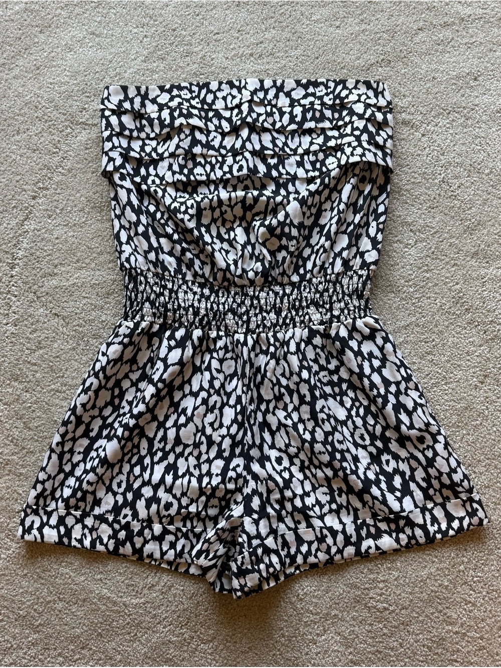 bebe Black and White Strapless Printed Romper